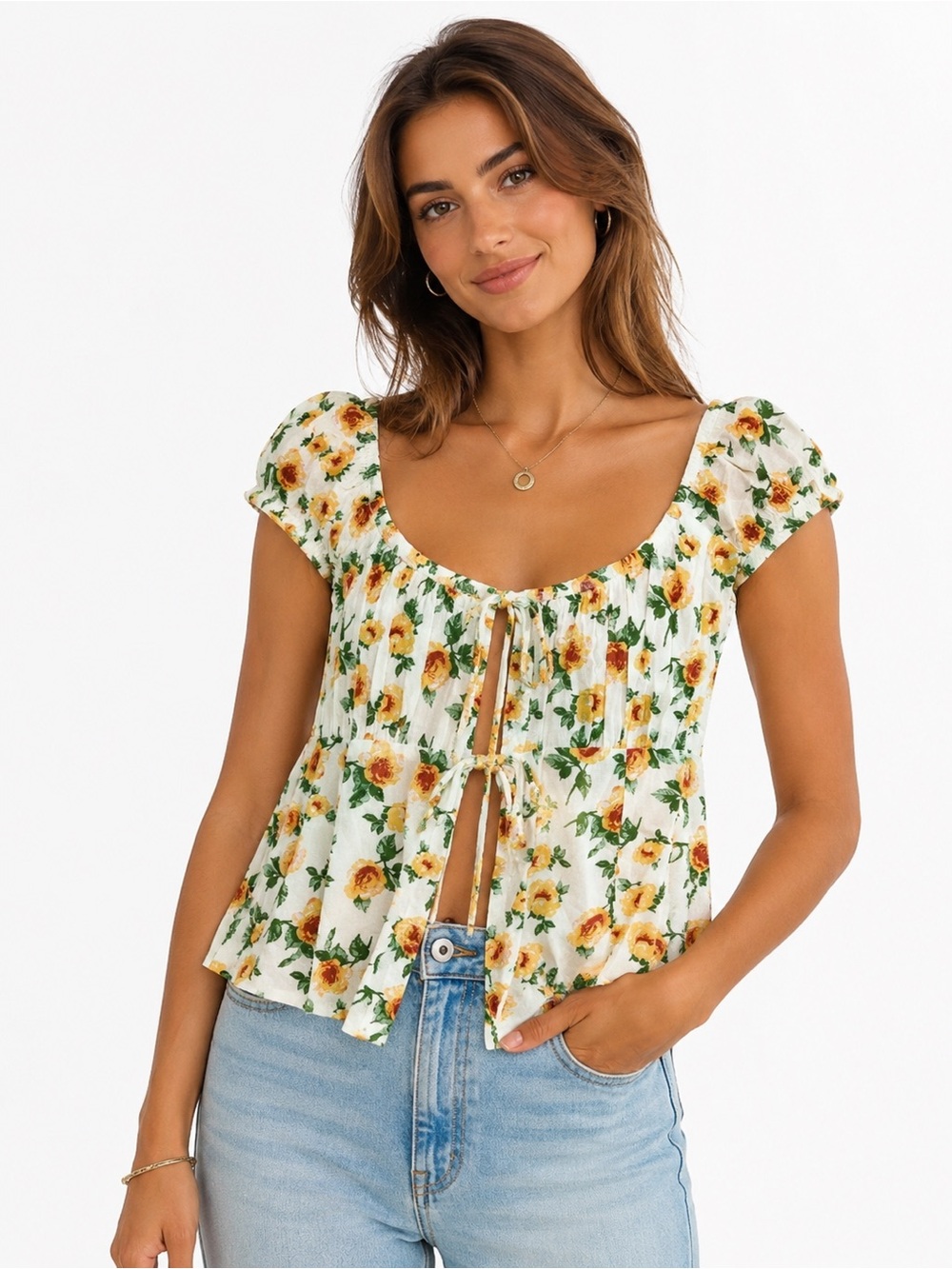 No Boundaries White Floral Tie-Front Scoop Neck Top